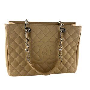 Used Chanel Women's Tote Bag Interlocking CC Creme Quilted Caviar Leather Sz M